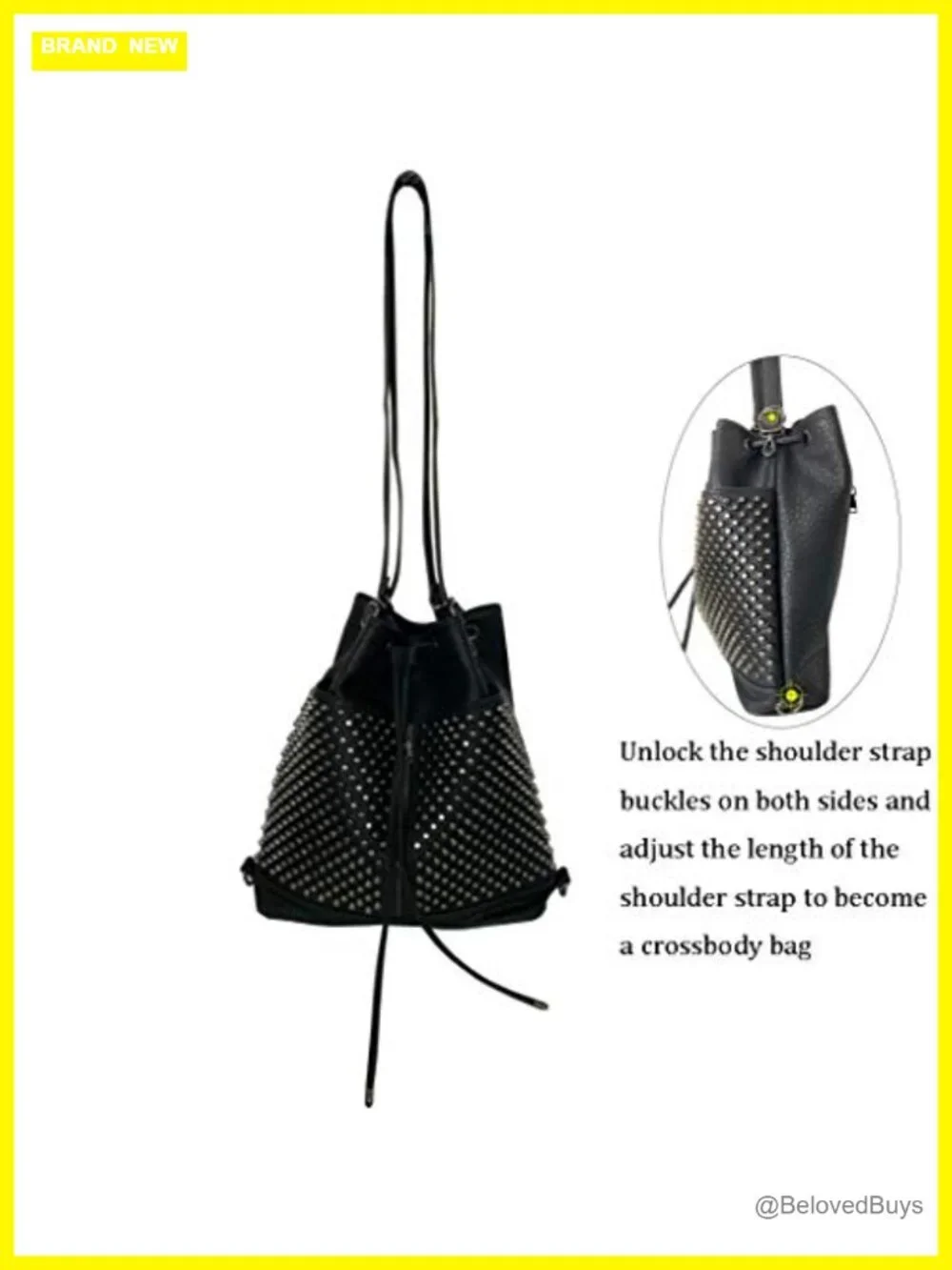 Oversized Studded Bucket Bag Vegan Leather 3-in-1 Convertible Backpack Crossbody